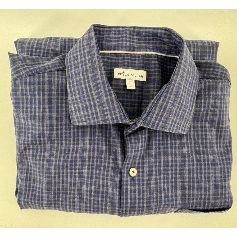 Peter Millar Mens XL Gray Blue Plaid 100% Cotton Button Up Long Sleeve Shirt